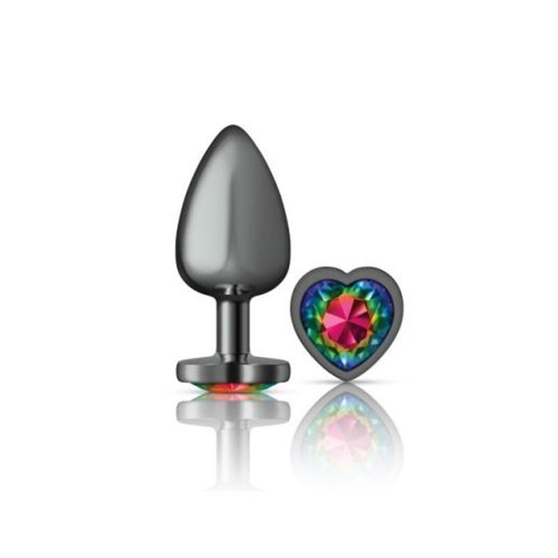 Cheeky Charms Gunmetal Butt Plug w Heart Rainbow Jewel Large image 2