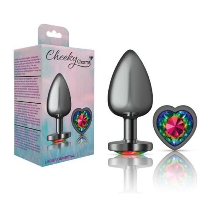 Cheeky Charms Gunmetal Butt Plug w Heart Rainbow Jewel Large image 3
