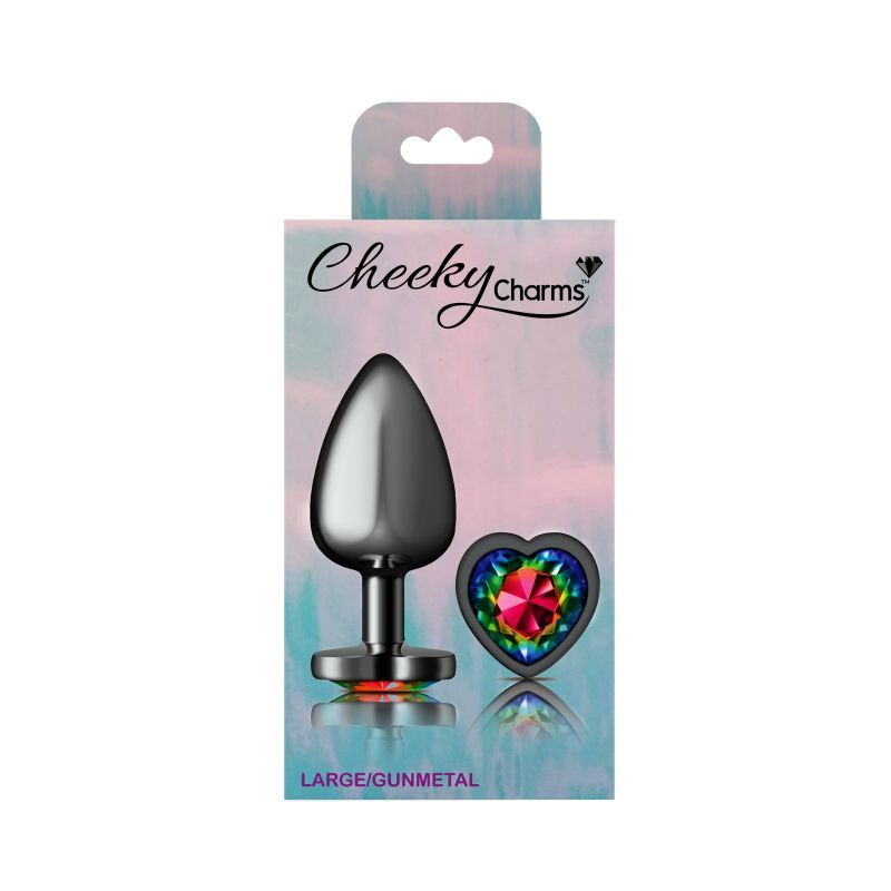 Cheeky Charms Gunmetal Butt Plug w Heart Rainbow Jewel Large image 4