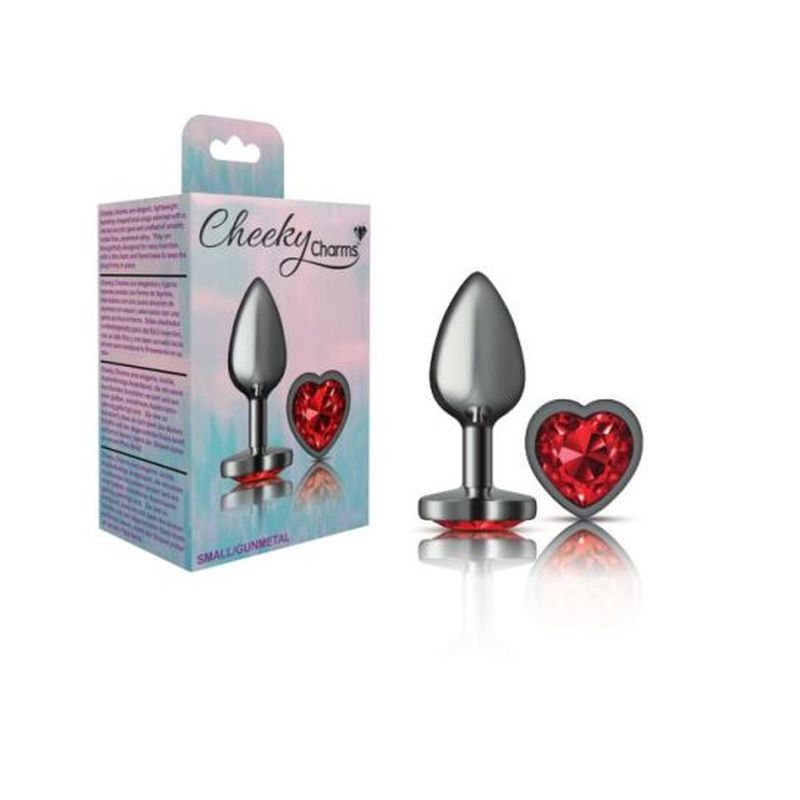 Cheeky Charms Gunmetal Butt Plug w Heart Red Jewel Small image 3