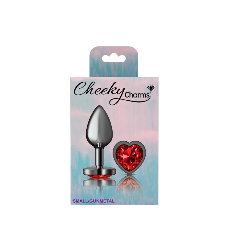 Cheeky Charms Gunmetal Butt Plug w Heart Red Jewel Small image 4