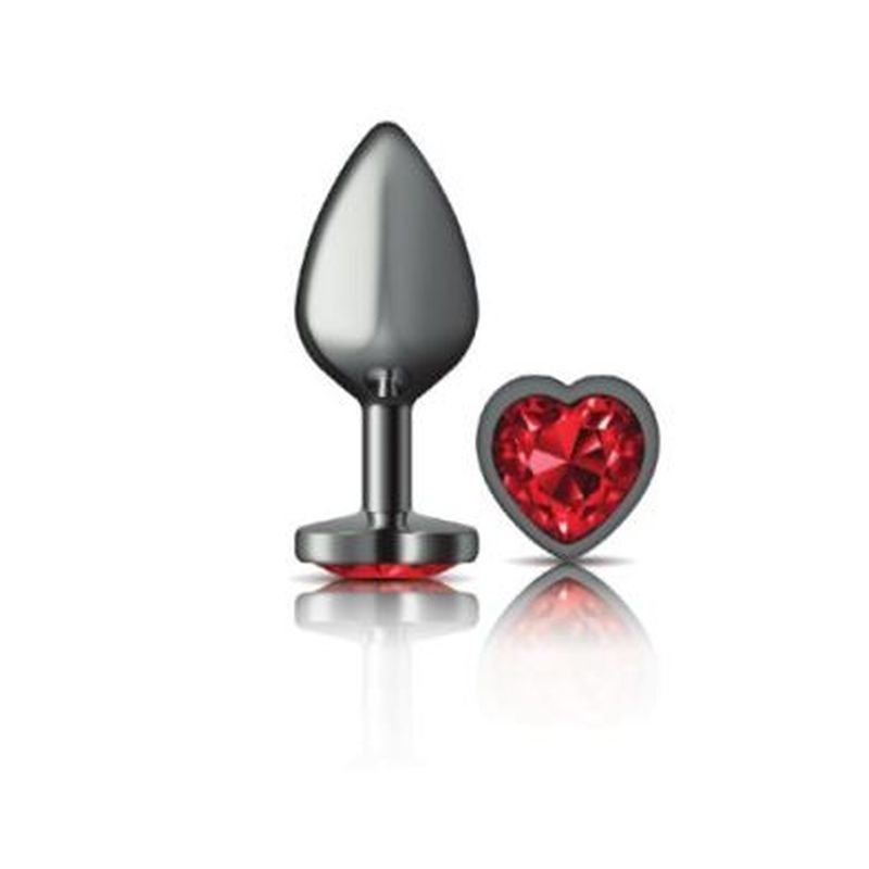 Cheeky Charms Gunmetal Butt Plug w Heart Red Jewel Medium image 2