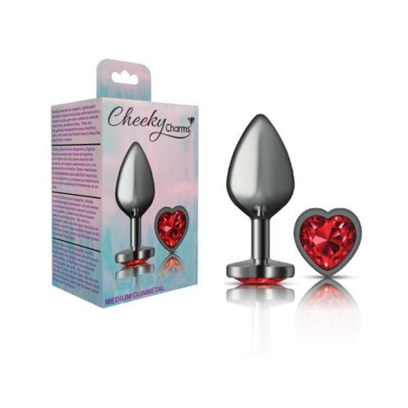 Cheeky Charms Gunmetal Butt Plug w Heart Red Jewel Medium image 3