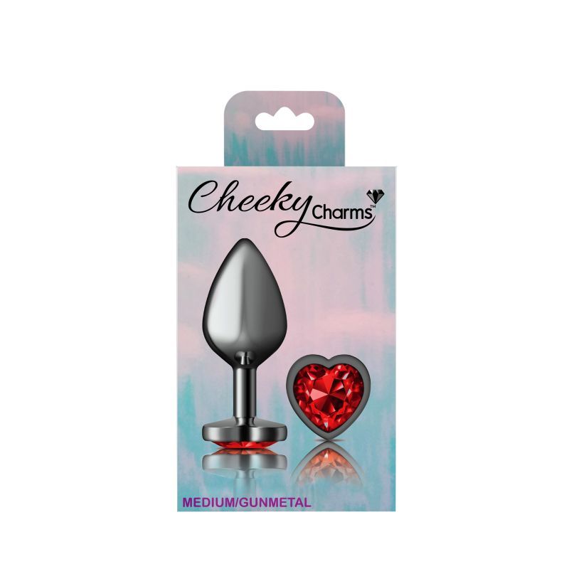 Cheeky Charms Gunmetal Butt Plug w Heart Red Jewel Medium image 4