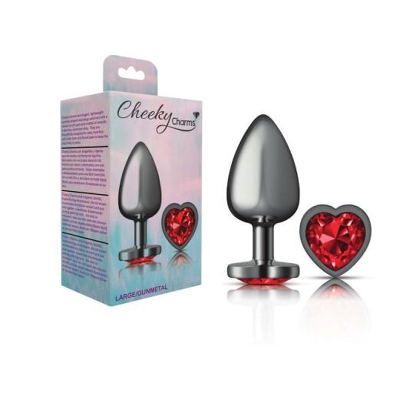Cheeky Charms Gunmetal Butt Plug w Heart Red Jewel Large image 3