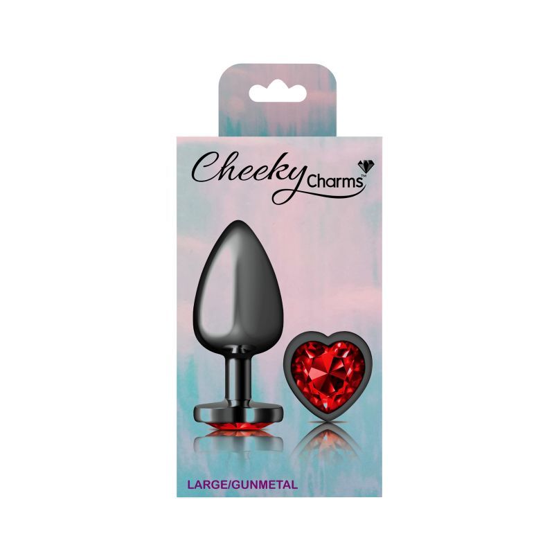 Cheeky Charms Gunmetal Butt Plug w Heart Red Jewel Large image 4