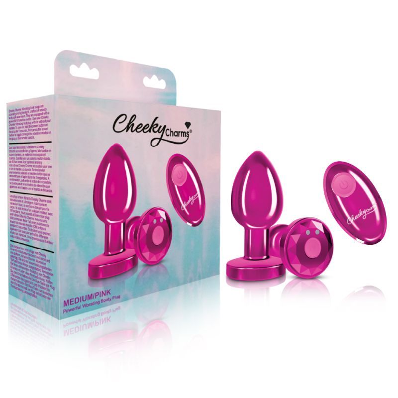 Cheeky Charms Pink Rechargeable Vibrating Metal Butt Plug w Remote Medium image 4