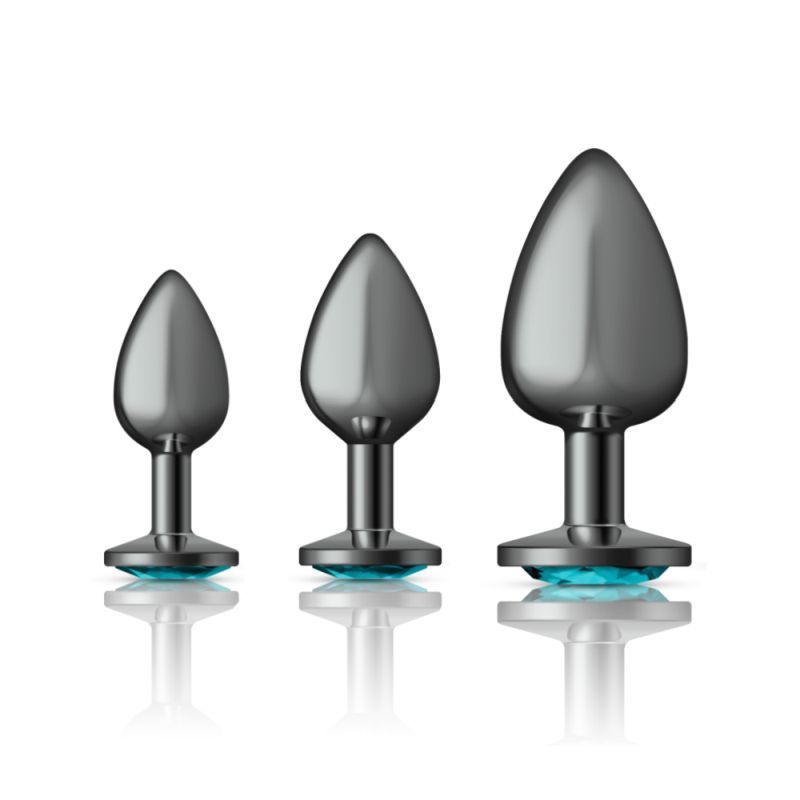 Cheeky Charms Round Metal Butt Plug Gunmetal 3 Pc Kit w Teal Jewel image 1