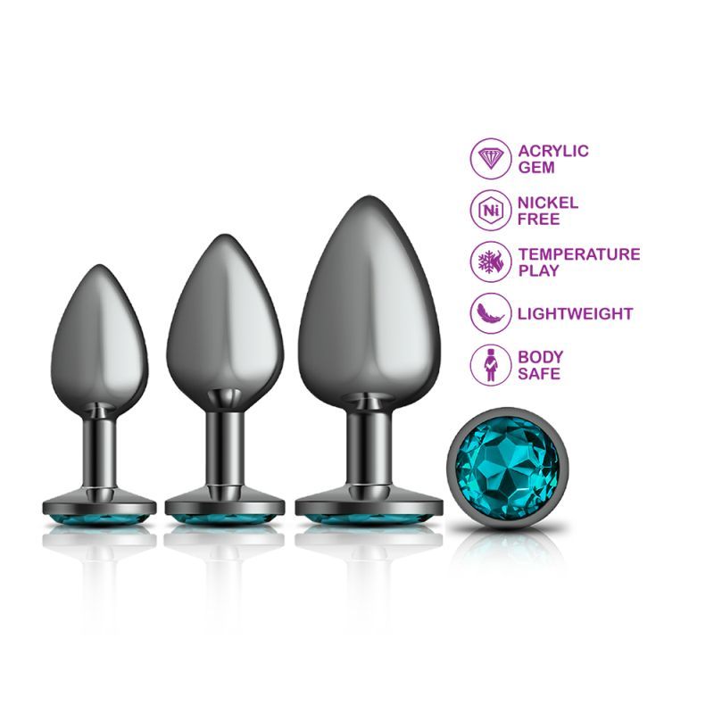 Cheeky Charms Round Metal Butt Plug Gunmetal 3 Pc Kit w Teal Jewel image 2