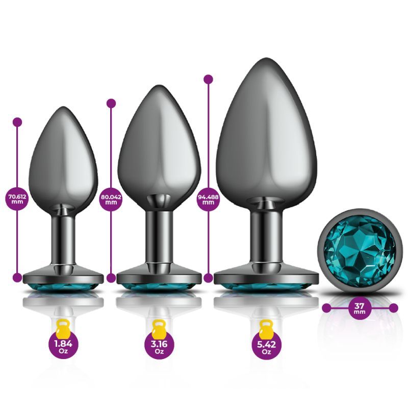 Cheeky Charms Round Metal Butt Plug Gunmetal 3 Pc Kit w Teal Jewel image 3