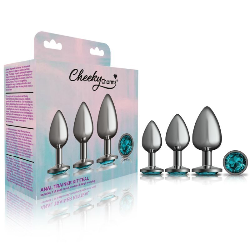 Cheeky Charms Round Metal Butt Plug Gunmetal 3 Pc Kit w Teal Jewel image 4
