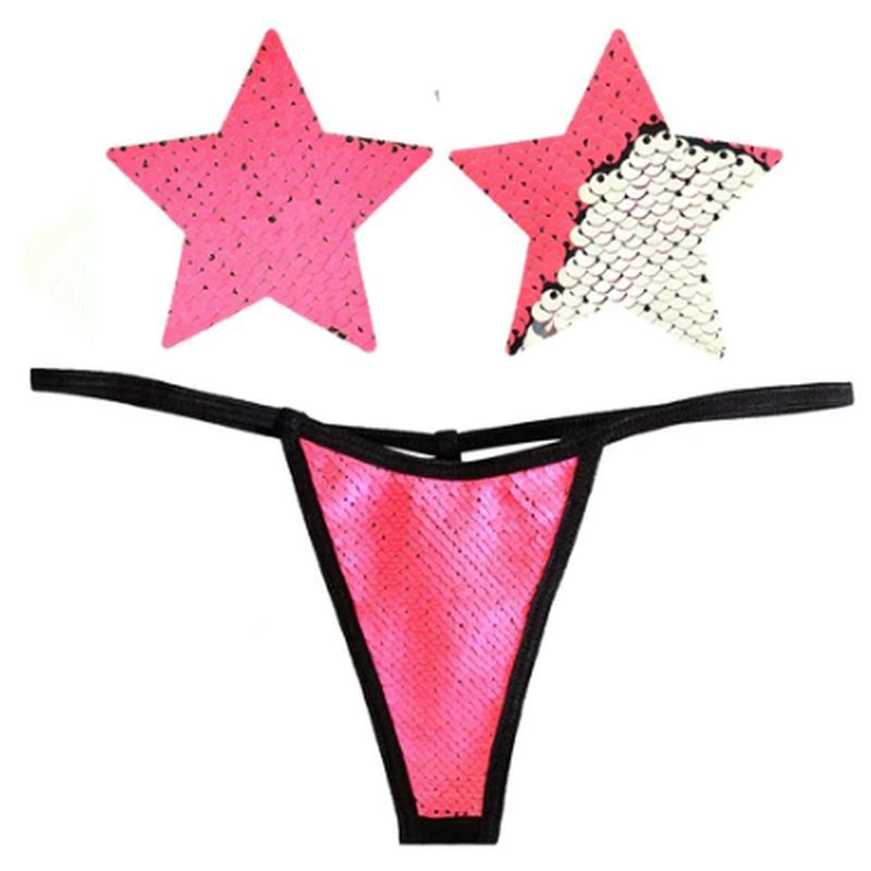 Bitchin Neon Pink and Silver Blacklight Sequin Pastie and Panty Set image 1
