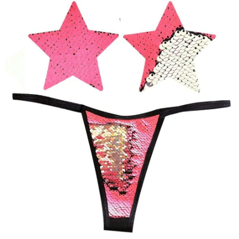 Bitchin Neon Pink and Silver Blacklight Sequin Pastie and Panty Set image 2