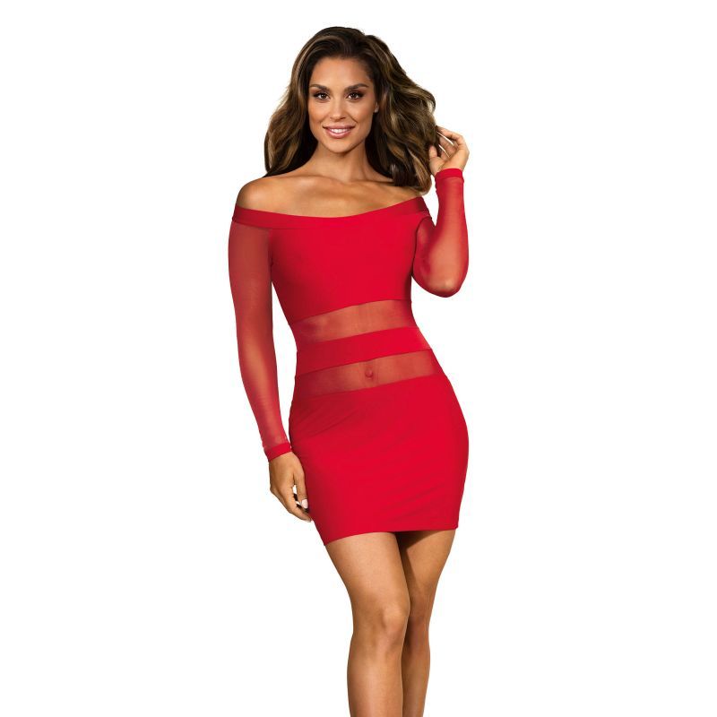 Off The Shoulder Mesh Panel Dress Red image 1