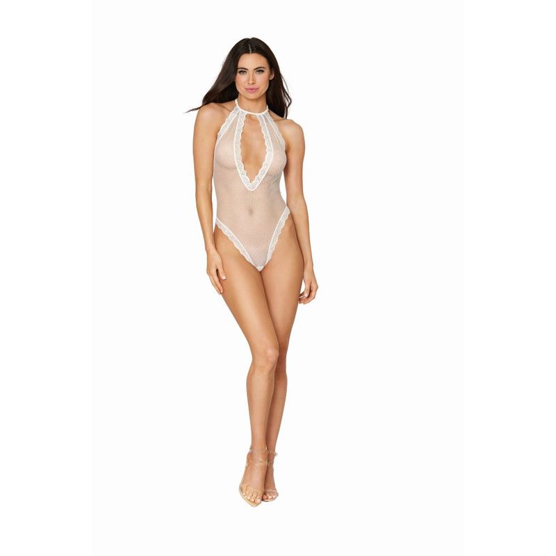Fishnet Halter Teddy w Stretch Lace Edge Trims White image 1