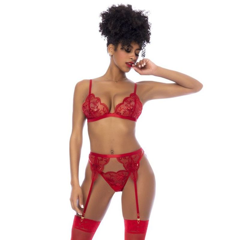 Red 3 Pc Set w/ Bralette, Garter Belt and Thong image 1