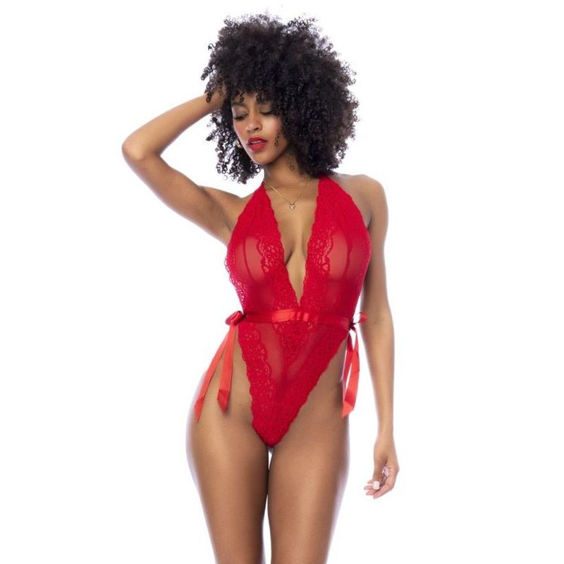 Red Lace Bodysuit with Side Ties image 1