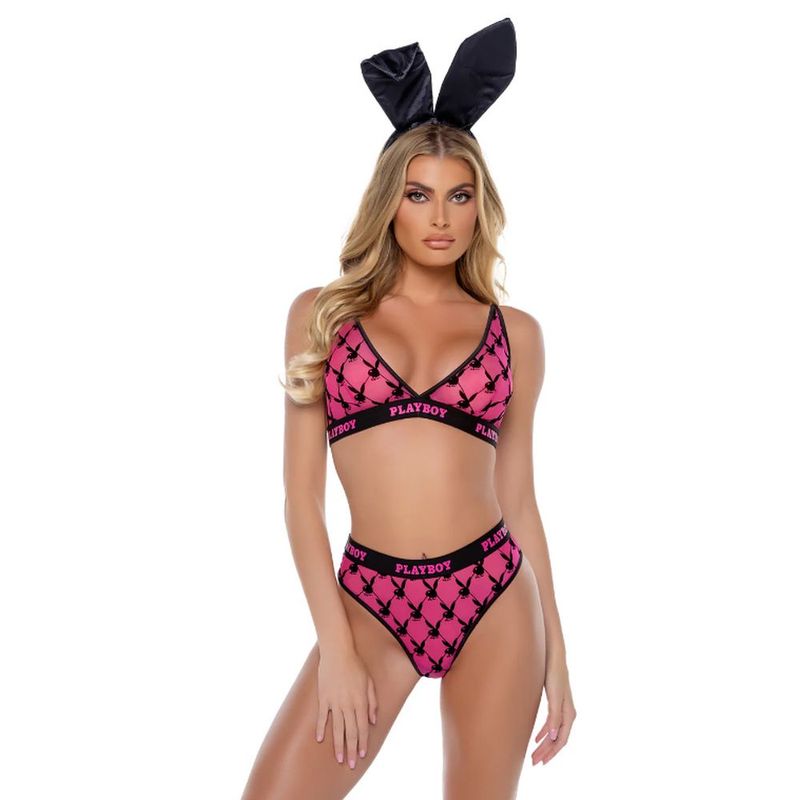 Playboy Flocked Bunny 2 Pc Lingerie Set Black image 3
