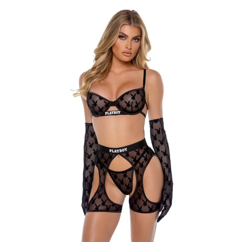 Playboy Flocked Bunny Chaps 3 Pc Set Black image 1