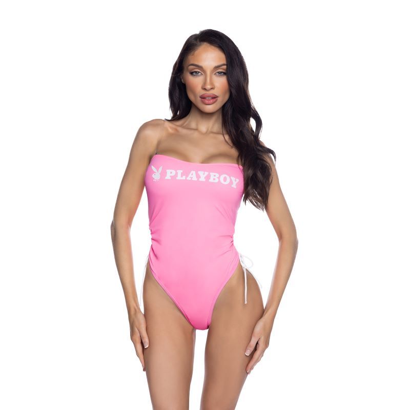 PlayBoy Pink 1 Pc Swimsuit with Ruched Side Ties & Removable Clear Straps image 1