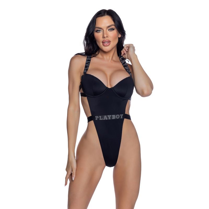 PlayBoy Black High-Leg 1 Pc Swimsuit with Rhinestone Logo image 3